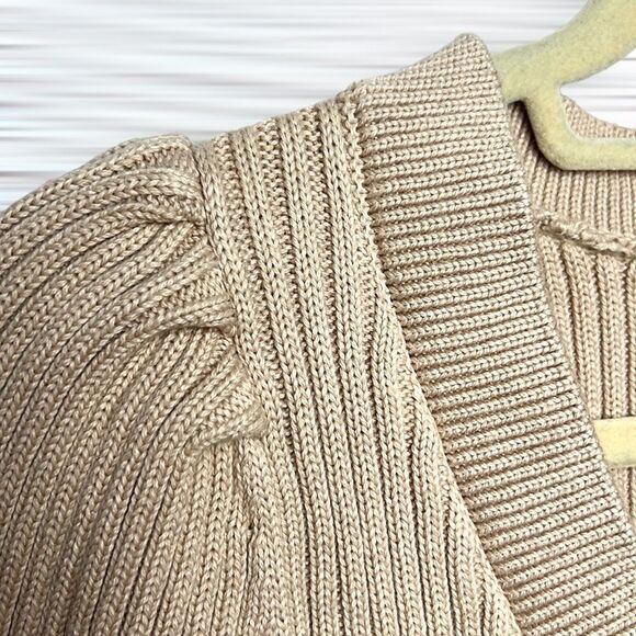 NWT TALBOTS Cotton Tan Sweater Top Rib Knit V-Neck Ruffle Details Short Sleeve M - Picture 4 of 10